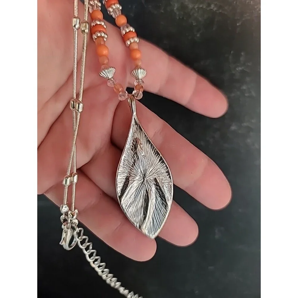 Salmon Enamel Rhinestone Beaded Leaf Pendant Adjustable Necklace